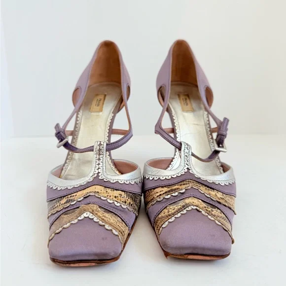 Prada Vintage Lilac Satin Snakeskin Trim Cutout Mary Jane T-Strap Heels EU38 - Picture 4 of 11